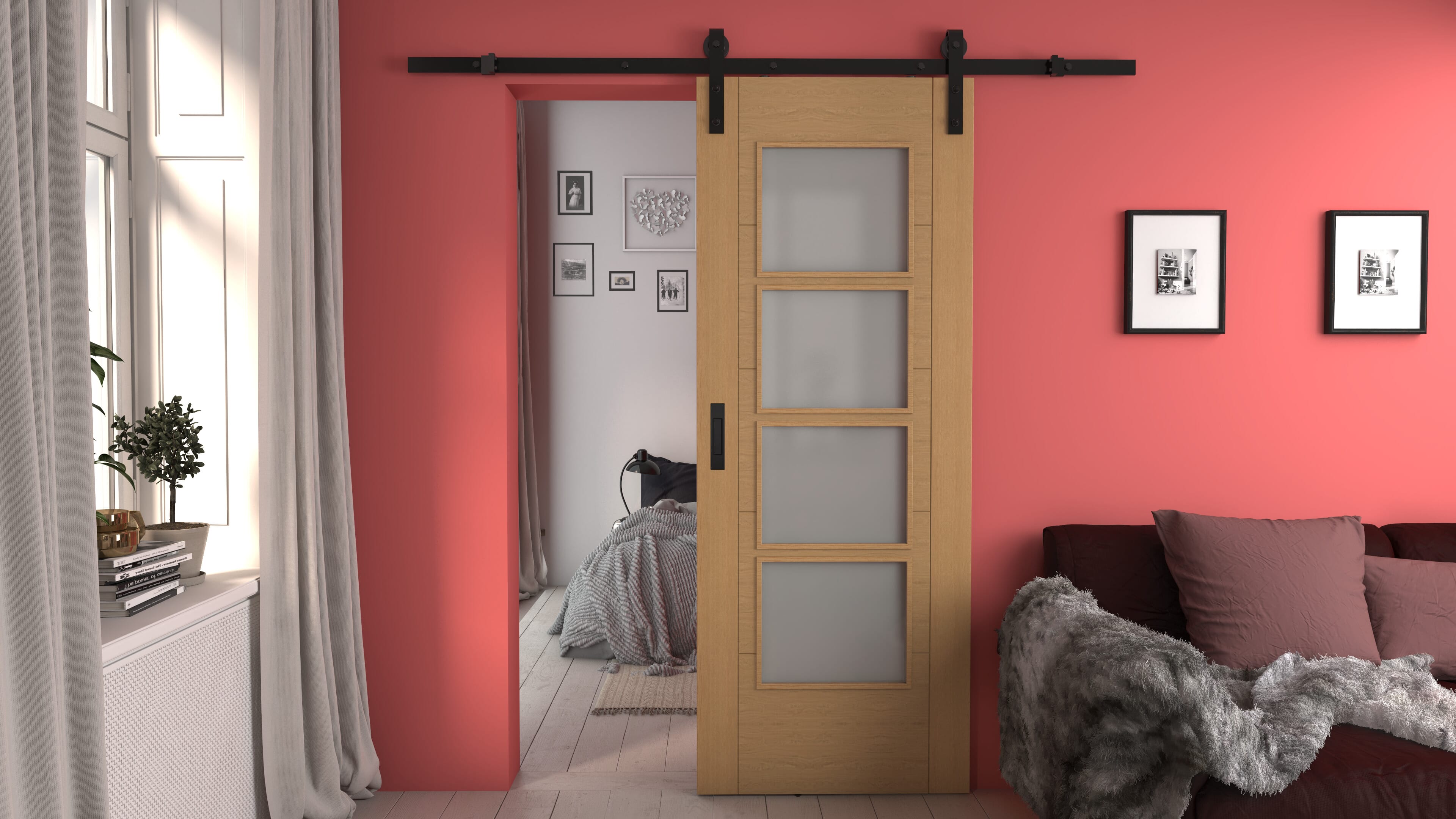Iseo Oak 4 Light Frosted Glass - Prefinished Sliding Barn Door