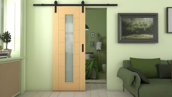 Modern 7 Panel Oak Frosted Glass Sliding Barn Door