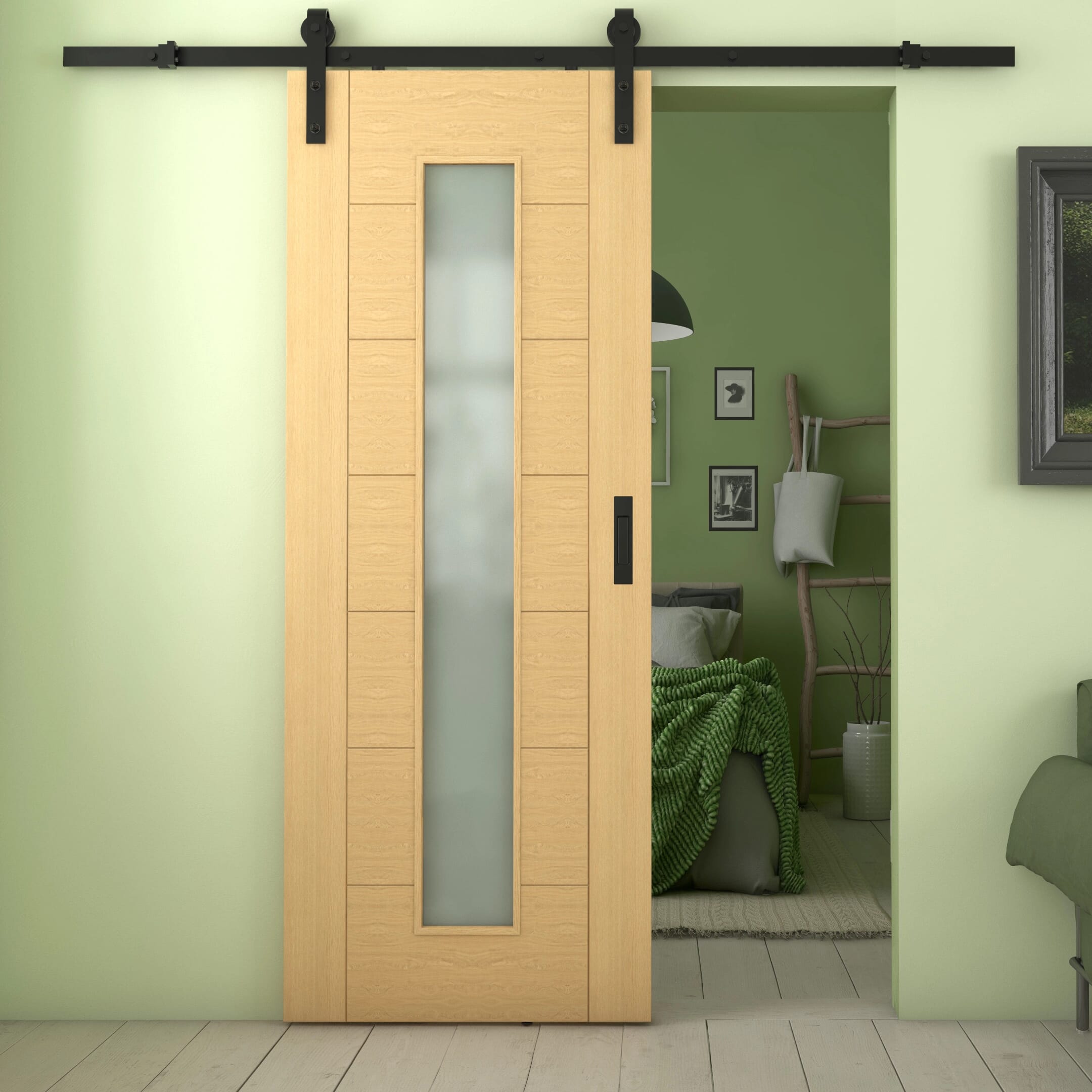 762x1981x35mm (30) Modern 7 Panel Oak Frosted Glass - Prefinished Sliding Barn Door