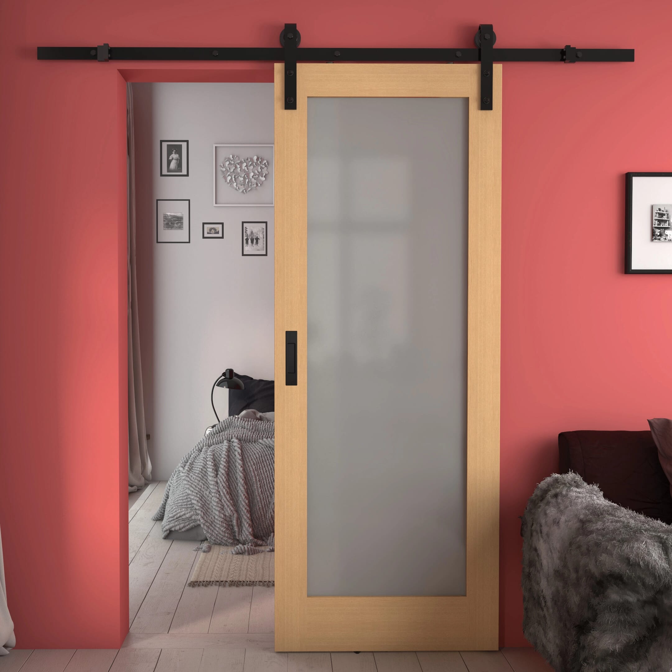 Pattern 10 Oak - Prefinished Frosted Glass Sliding Barn Door