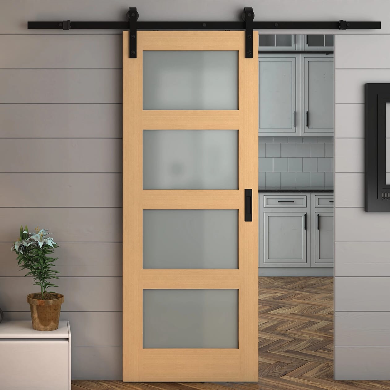Shaker 4 Light Oak Frosted Glass Sliding Barn Door