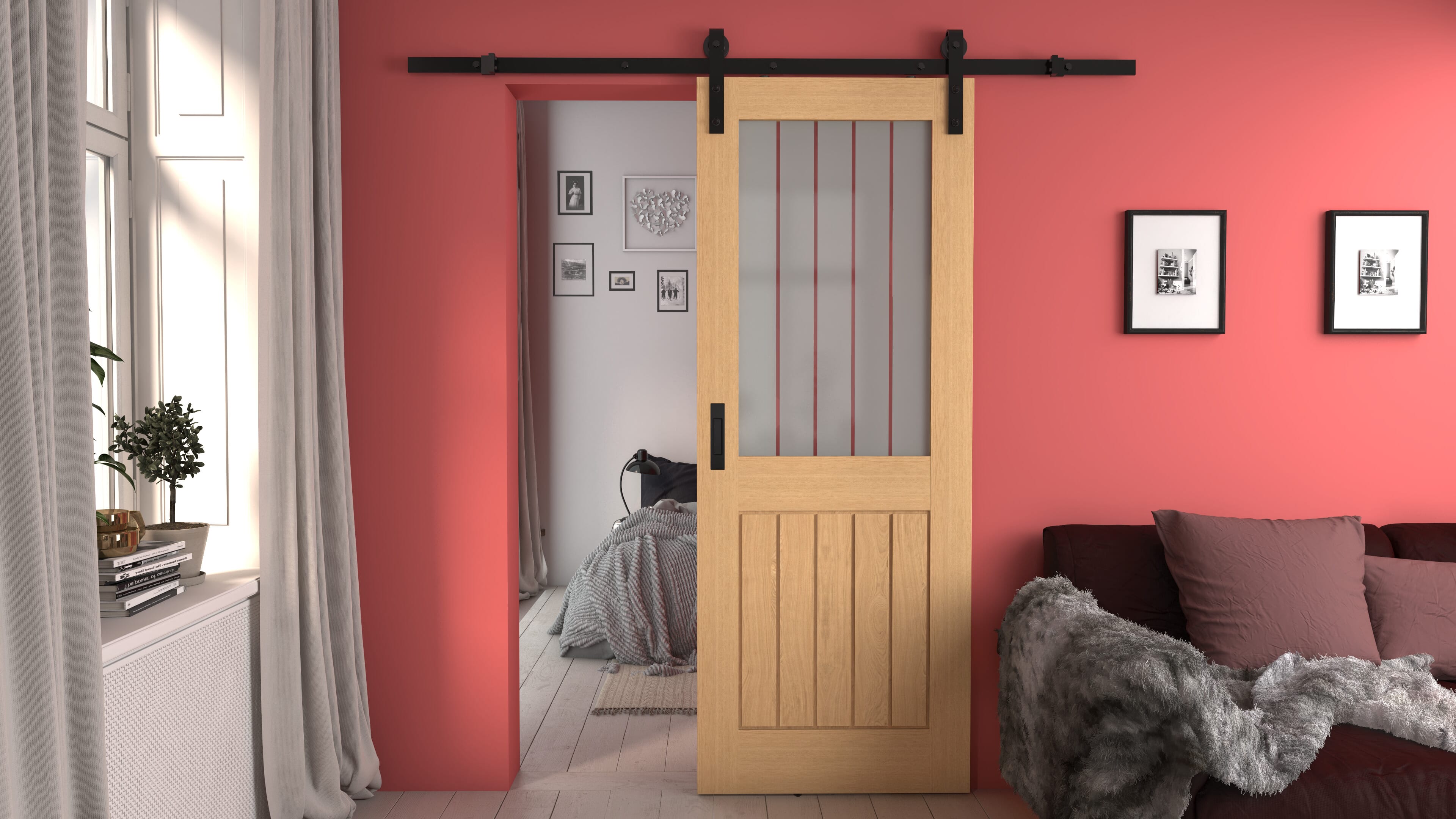 726x2040x40mm Mexicano Oak Half Light Frosted Glass with Clear Lines Sliding Barn Door