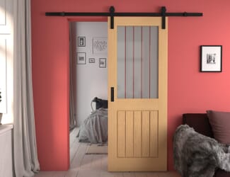 Mexicano Oak Half Light Frosted Glass with Clear Lines Sliding Barn Door