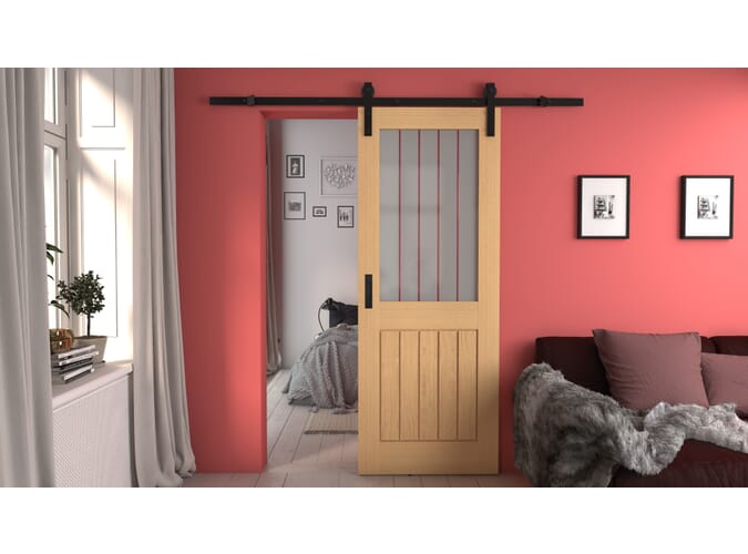 Mexicano Oak Half Light Frosted Glass with Clear Lines Sliding Barn ...