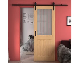 Mexicano Oak Half Light Frosted Glass with Clear Lines - Prefinished Sliding Barn Door