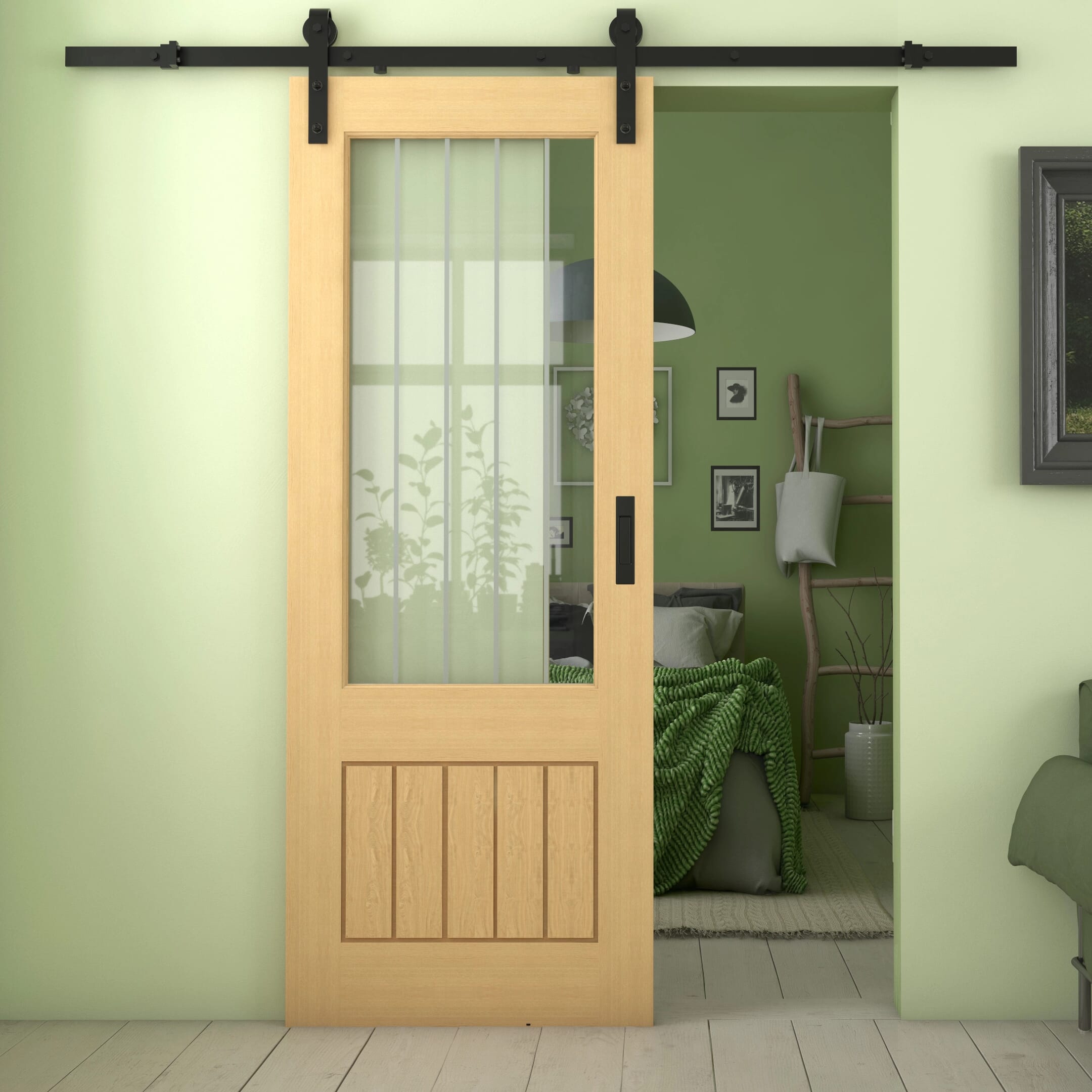 686x1981x35mm (27) Mexicano Oak 2XG Clear Glass with Frosted Lines - Prefinished Sliding Barn Door