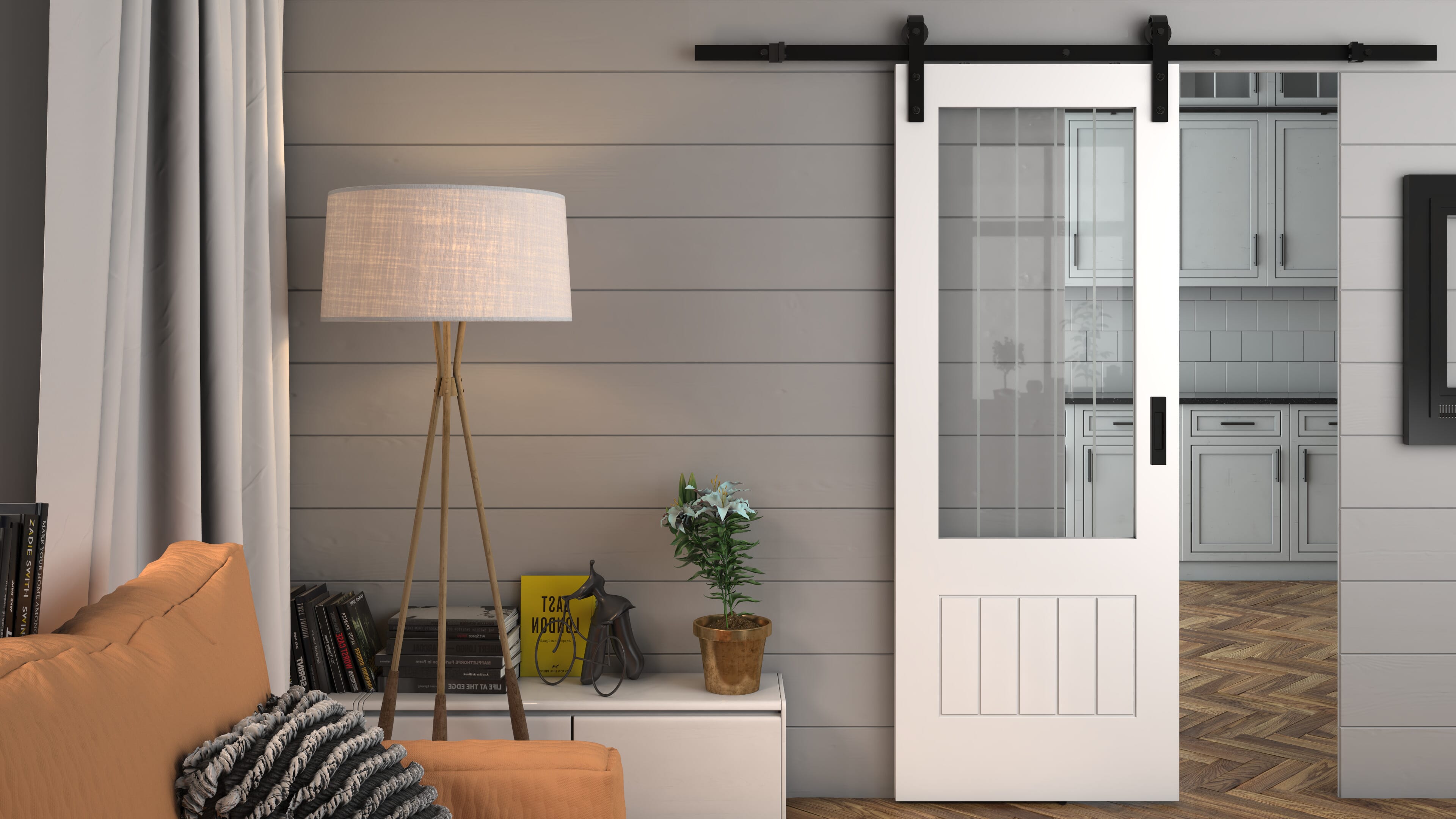686x1981x35mm (27") Suffolk White 2XG Clear Glass with Frosted Lines - Prefinished Sliding Barn Door