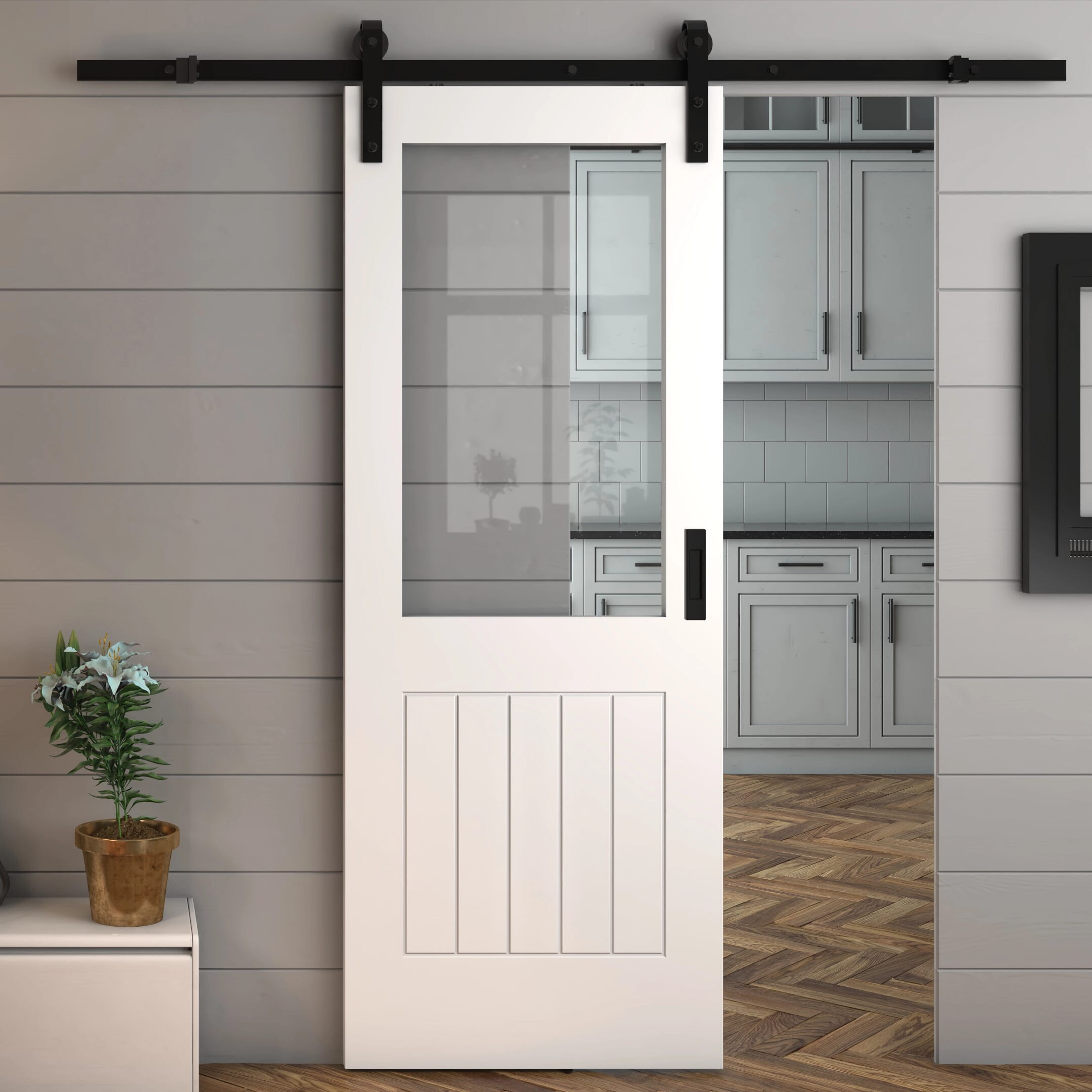 White Suffolk Clear Glass - Prefinished Sliding Barn Door