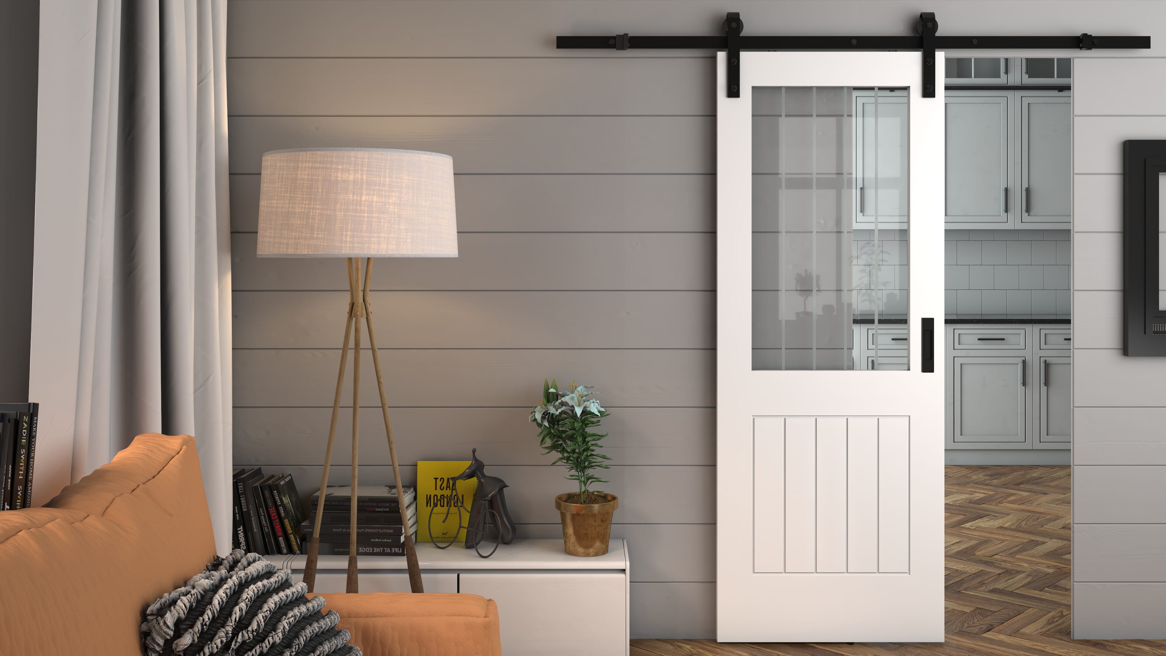 838x1981x35mm (33") Suffolk White Clear Glass with Frosted Lines - Prefinished Sliding Barn Door