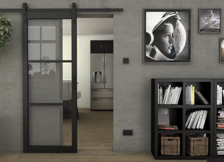 Heritage Black Slim Profile Clear Glass - Prefinished Sliding Barn Door