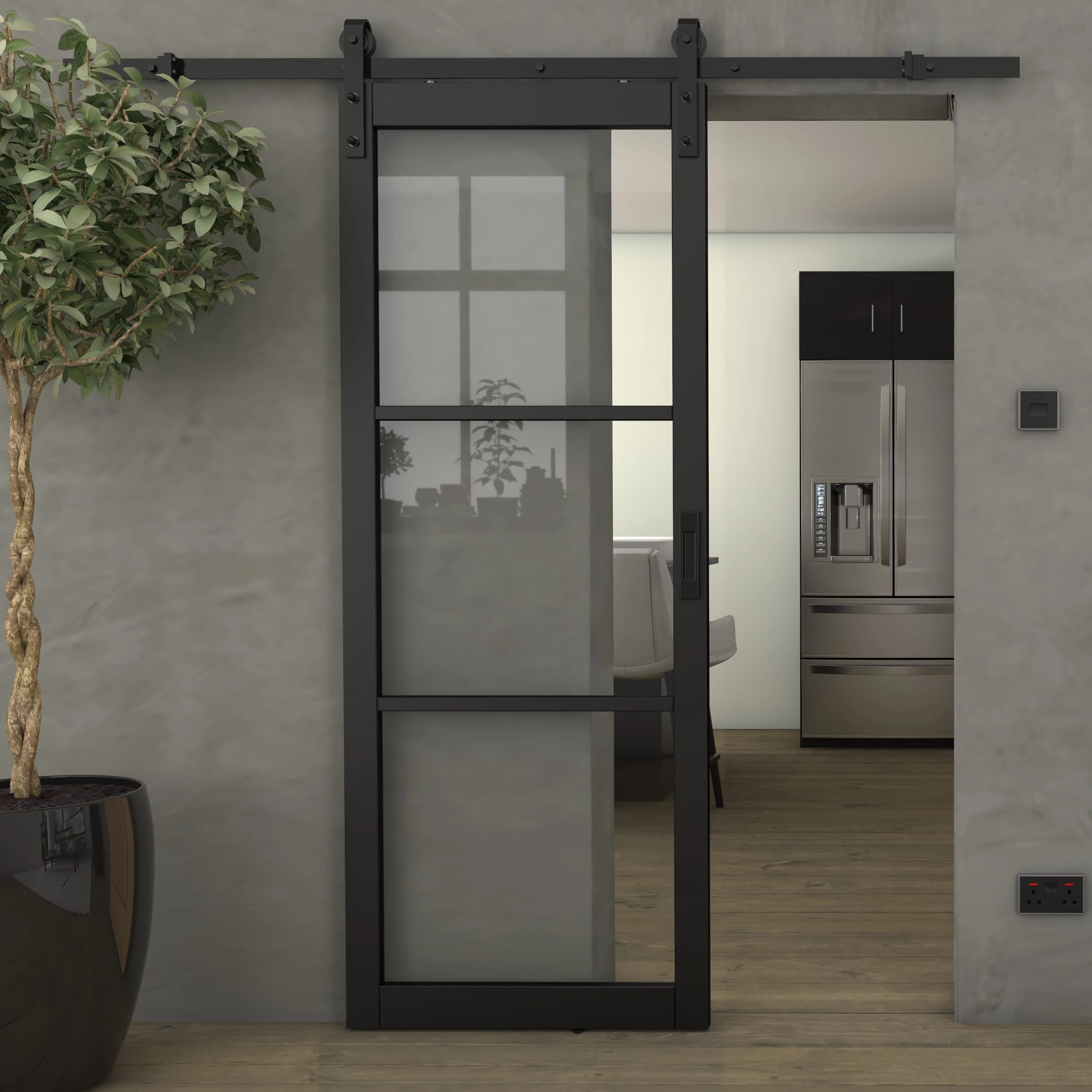 Heritage Black Slim Profile Clear Glass - Prefinished Sliding Barn Door