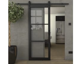 Heritage Black Slim Profile Clear Glass - Prefinished Sliding Barn Door