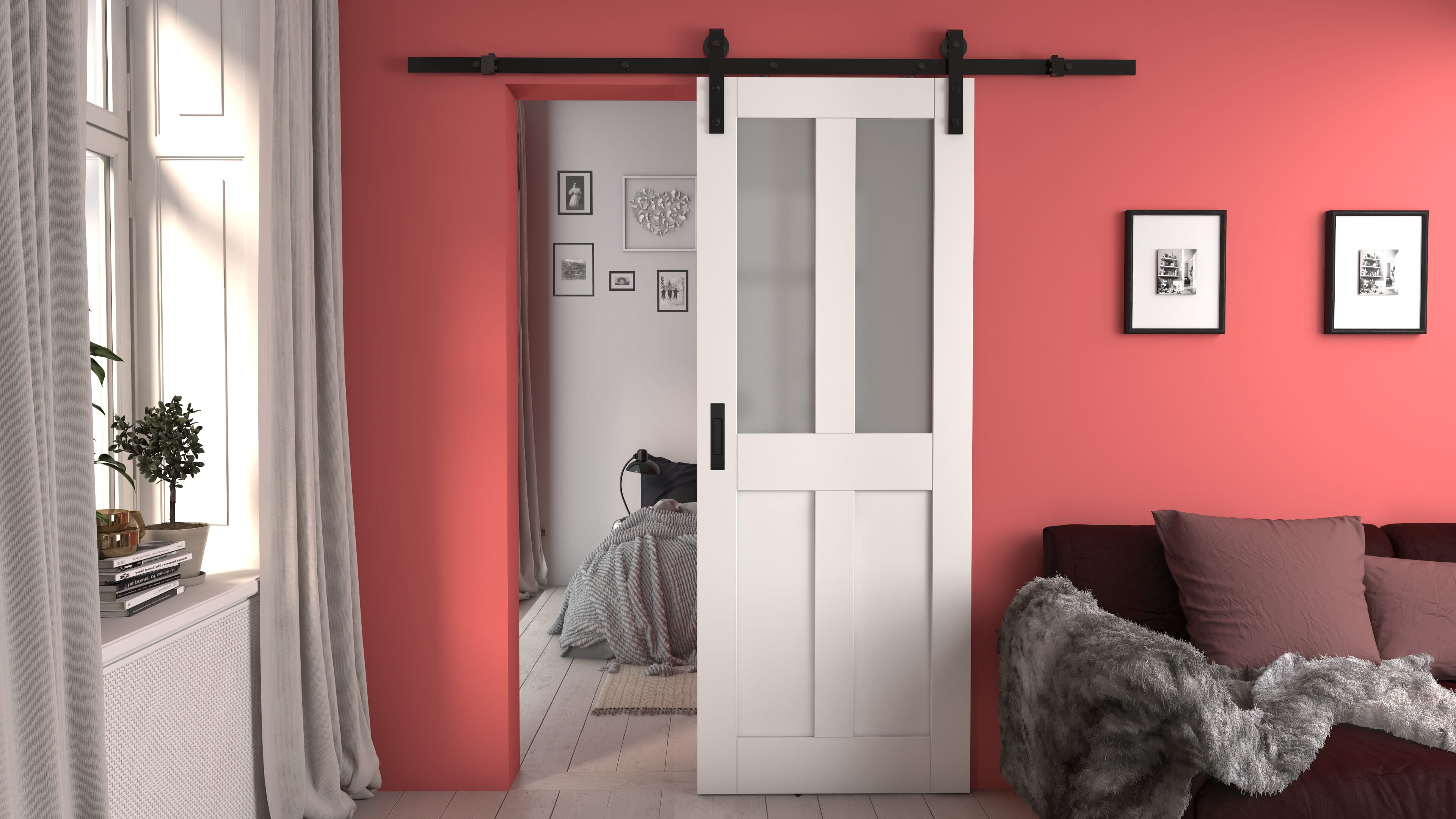 Victorian 4 Panel Shaker White Frosted Glass - Prefinished Sliding Barn Door