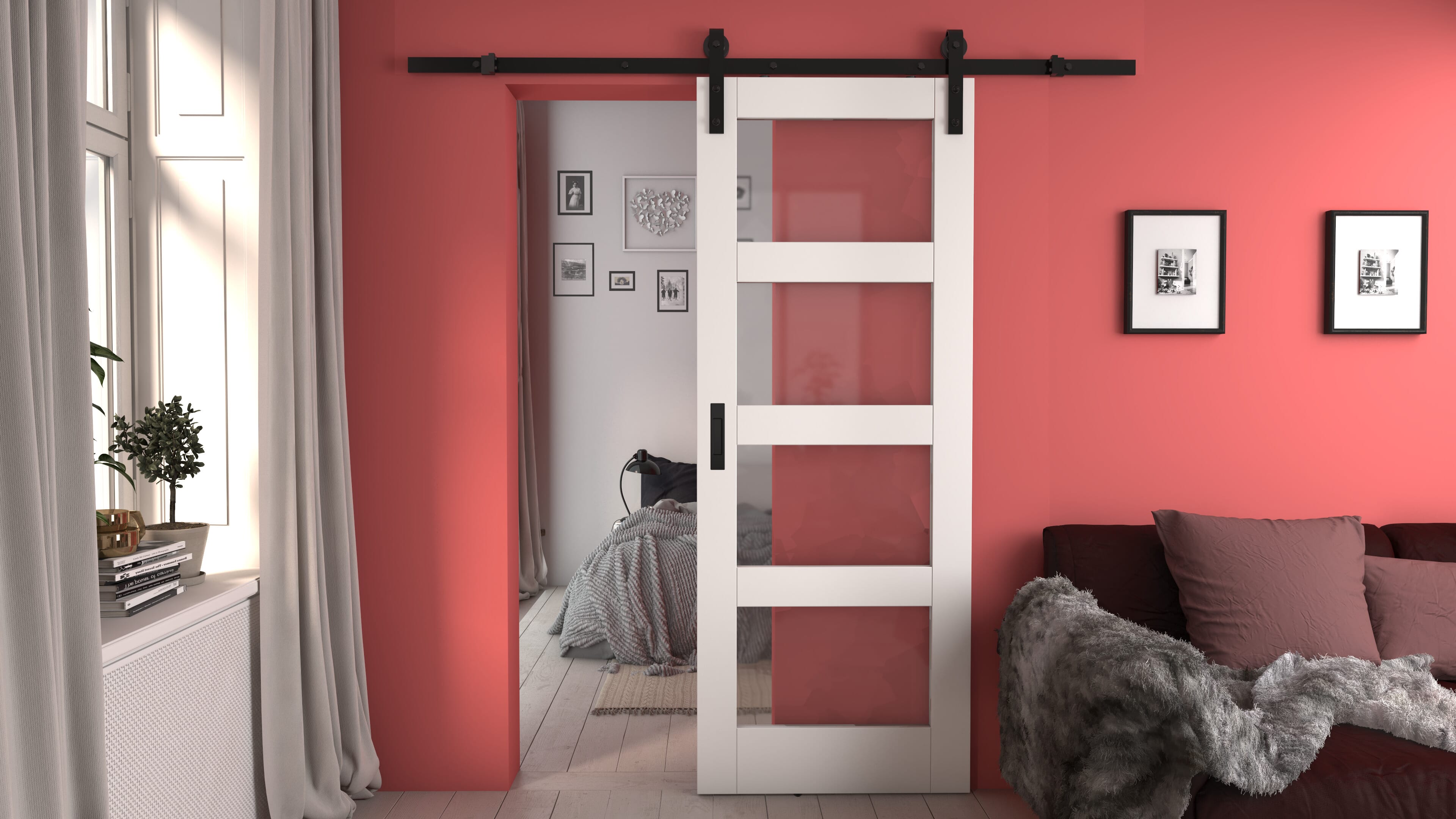 Shaker 4 Light Clear Glass White Sliding Barn Door