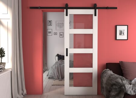 Shaker 4 Light Clear Glass White Sliding Barn Door