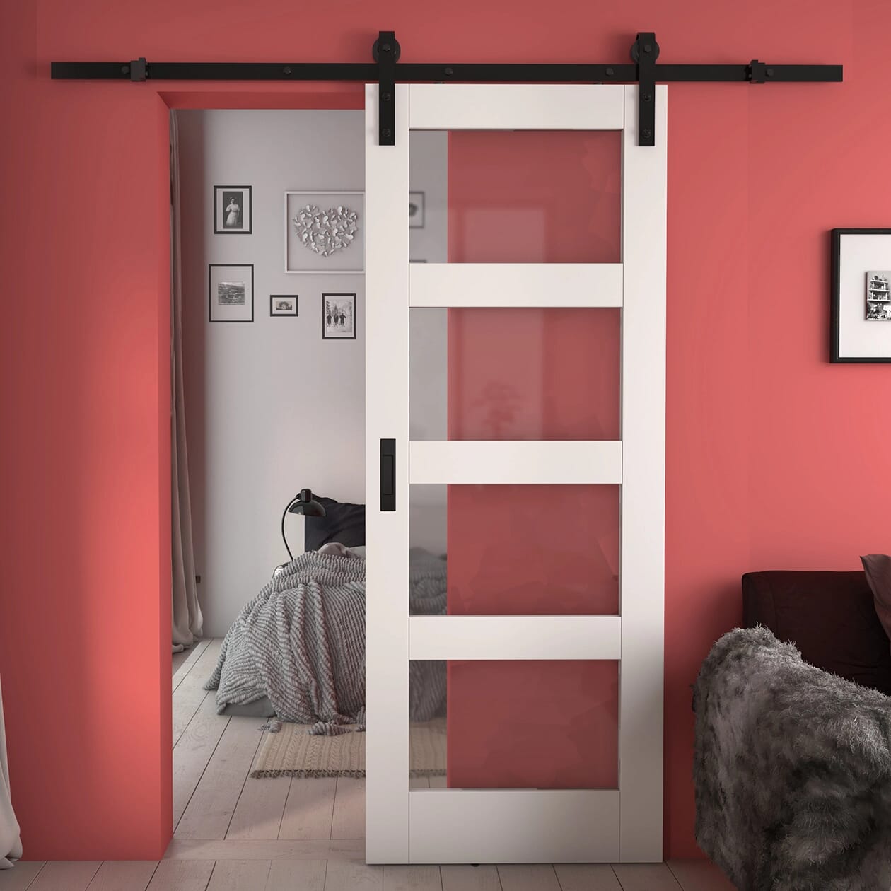 Shaker 4 Light Clear Glass White Sliding Barn Door