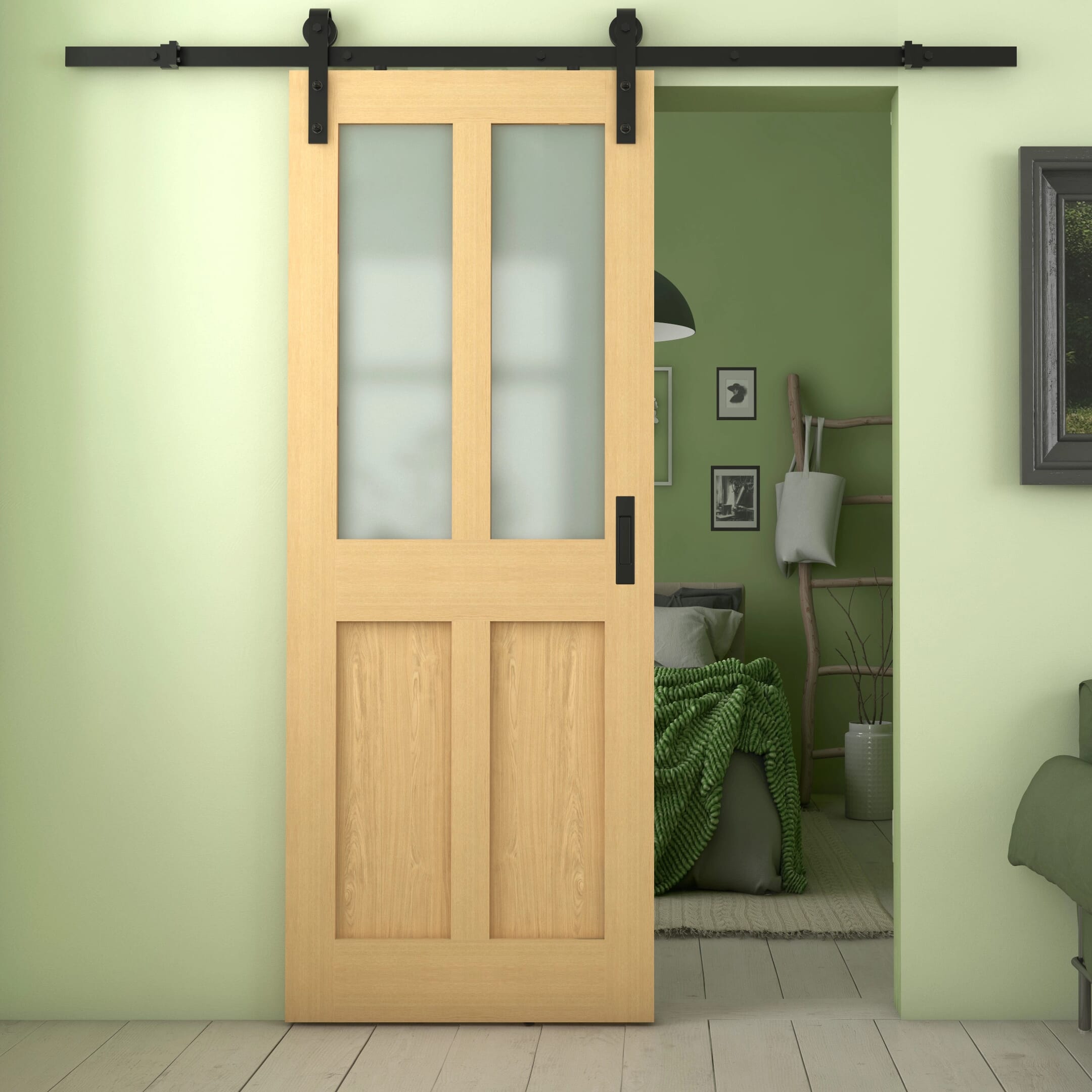 Victorian 4 Panel Shaker Oak Frosted Glass Sliding Barn Door