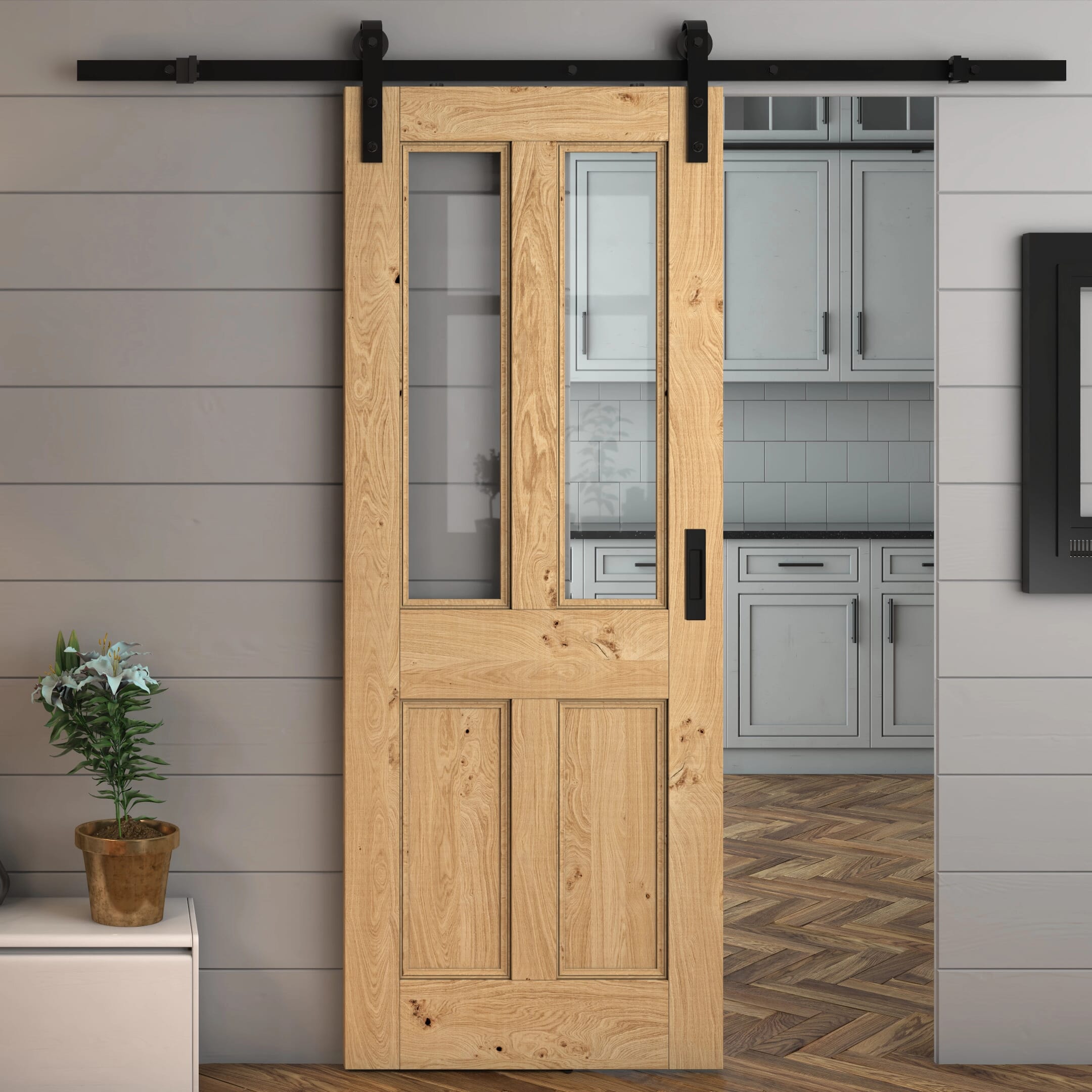 762x1981x35mm (30) Rustic Oak Edwardian Clear Glass - Prefinished Sliding Barn Door